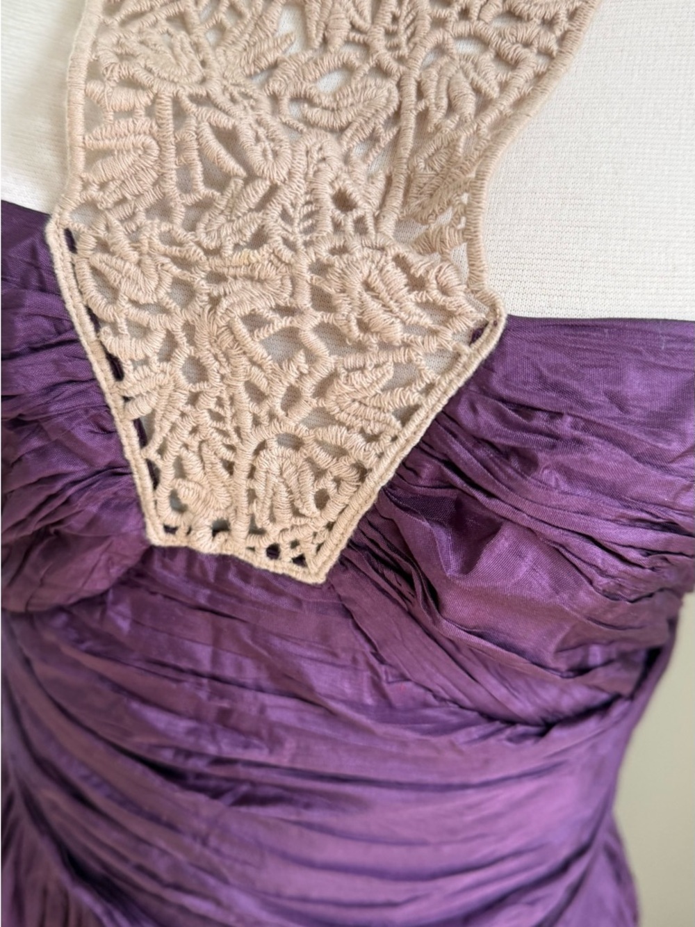 100% Silk Ruched Plum Maxi Dress with Lace Yoke - Picture 4 of 6